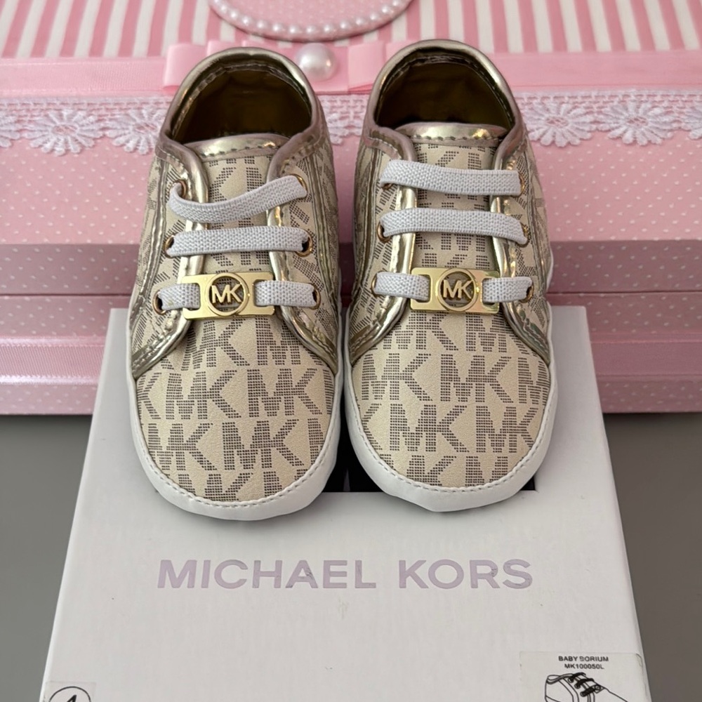 Michael Kors Gold and White Baby Sneakers with Signature MK Design